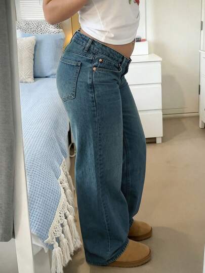 MYOURSA Loose Low-Waist Wide-Leg Jeans, Casual Y2K College Style Street, Autumn Fall