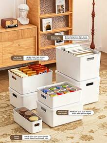 Cream White Plastic Storage Box With Lid And Side Handle, Stackable Multi-Functional Organizer Container, Large Capacity Dust-Proof Sorting Bin, Suitable For Wardrobe, Toys, Cosmetics, Groceries, Snacks, Office Supplies, Bedroom Closet, Bathroom, Kitchen And Home Storage - White - View 6