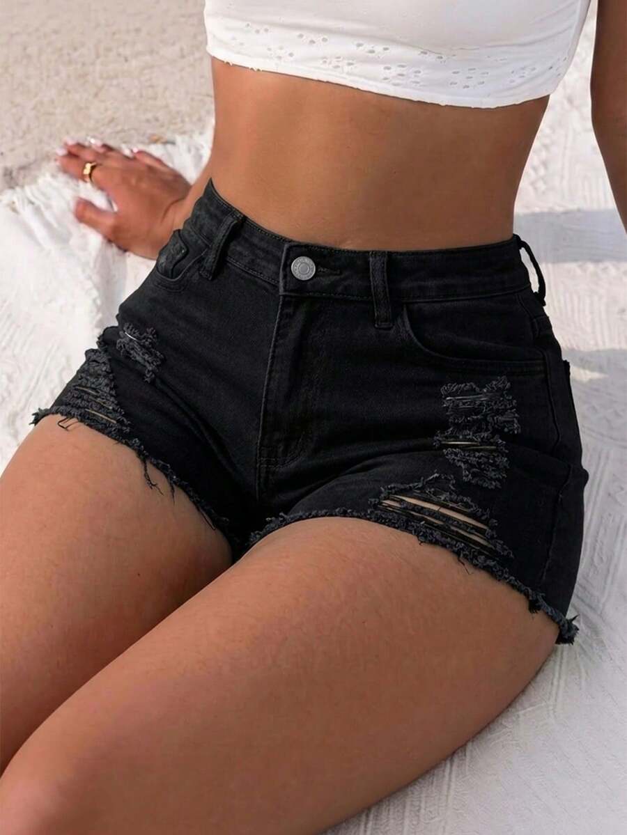 Cowgirl Set 夏季彈性牛仔短褲 音樂節時尚性感緊身破洞海灘短褲 毛邊下擺 休閒黑色 - 黑色 - 查看 1