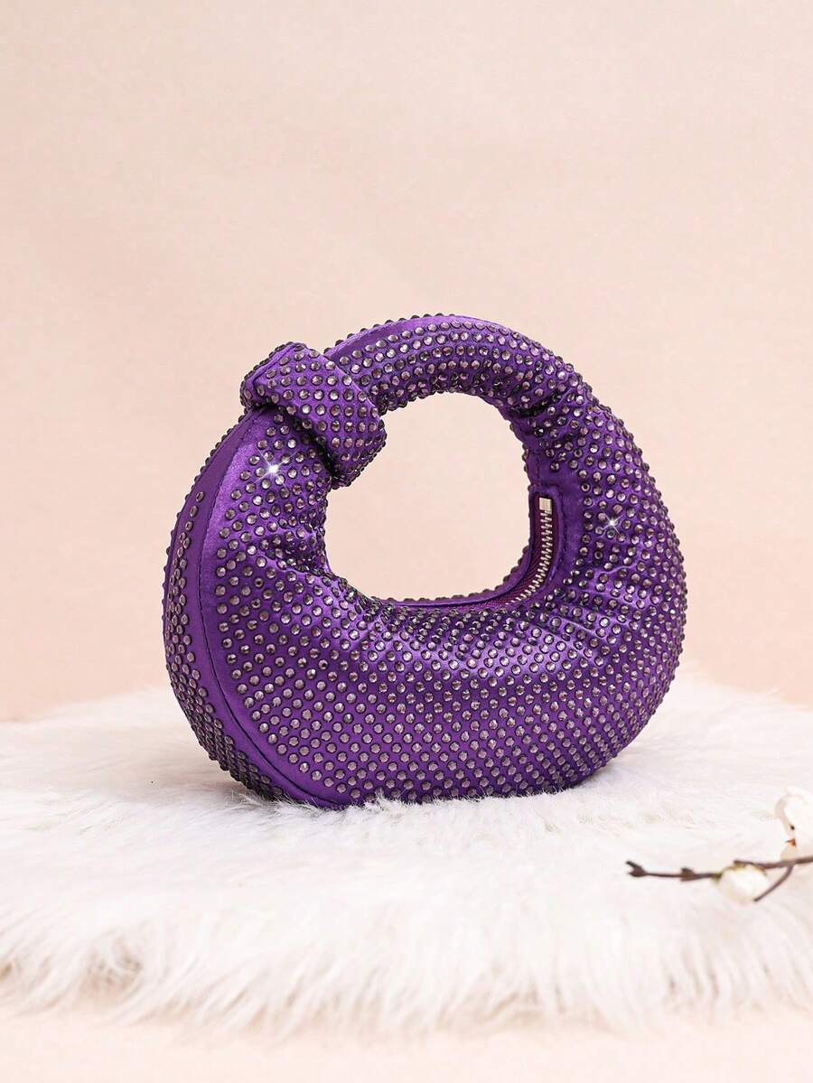 Mini Hobo Bag In A Crescent Shape, Fully Covered In Rhinestones, Integrated Circular Handle With Bow, Zipper, Various Colors, Women's Party, Wedding, Birthday Gift - 紫羅蘭色 - 查看 1