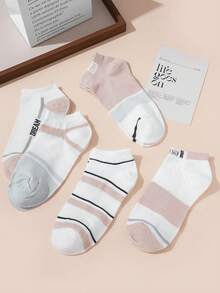 5 Pairs Women's Pink Short Socks, Premium Breathable Sweat-Absorbing Striped Design, Assorted Color Women's Boat Socks - Multicolor - View 2