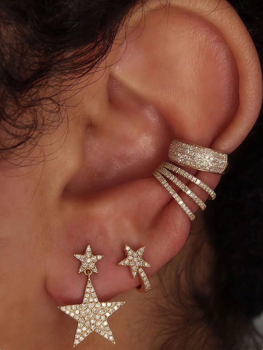 Set de 4 piezas de exquisitos clips y pendientes de estrella de circonita cúbica, aretes apilables de varias capas, adecuados para uso diario, citas y fiestas de mujeres - Amarillo Oro - Ver 1