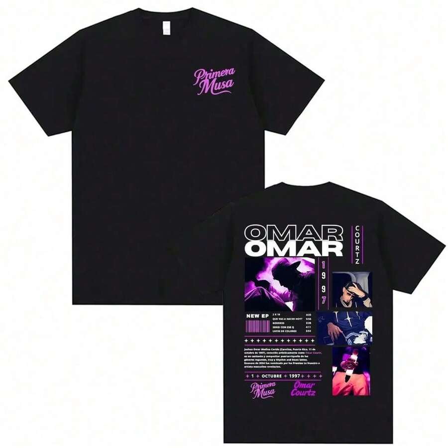 Rapper Omar Courtz Primera Musa 2025 Grafik T-Shirts für Herren Damen Vintage 90er Hip-Hop Gothic T-Shirt Sommer Oberteile Oversized T-Shirt - Schwarz 17 - Übersicht 1