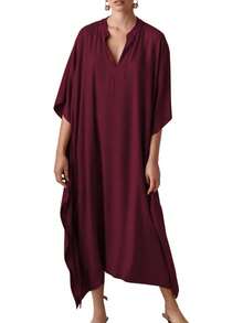 Bsubseach Mujer Vestido de Verano Kaftán para Playa de Seda Cuello en V Manga de Murciélago - Azul pavo real B - Ver 14