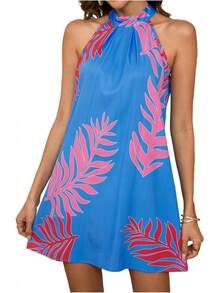 - Vestido corto sin mangas con estampado floral para mujer, cuello halter, línea A - rosado, (Geometría rosa) - Ver 32