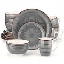 Set Of 16 Handcrafted Stoneware Plates For Dining, Serves Four - Gray - View 12