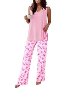 - Conjunto de pijama para mujer, sin mangas, cómodo conjunto de playera sin mangas y pantalones con cuello en V, 2 piezas, S-XXL - Raya gris - Ver 6