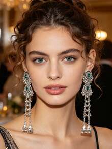 Bohemian Style Long Bell Tassel Pendant Earrings, Vintage Silver Rhinestone Floral Jhumka Earrings For Evening Party Wear - Tassel Style - View 5