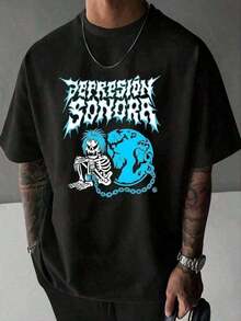 Camiseta para hombre con estampado de calavera y tierra "Depresión Sonora", informal, de manga corta y cuello redondo, para primavera y verano, 100 % algodón, 220 g de grosor.playera de homb - Negro - Ver 1