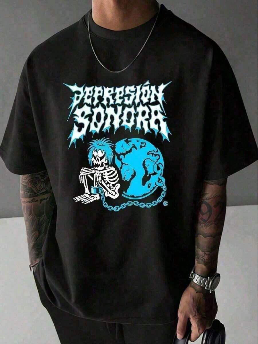 Camiseta para hombre con estampado de calavera y tierra "Depresión Sonora", informal, de manga corta y cuello redondo, para primavera y verano, 100 % algodón, 220 g de grosor.playera de homb - Negro - Ver 1