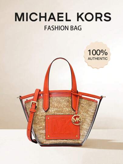Michael Kors Kimber 2-In-1 Clear PVC And Natural Straw Zipper Tote Bag For Women, Convertible Messenger Handbag,Bohemian-Style Vacation Tote Bag, Coral Reef