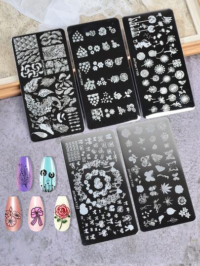 5pcs Nail Art Stamping Plates Set, Floral & Plant Pattern Stainless Steel Nail Transfer Templates, DIY Nail Art Tools