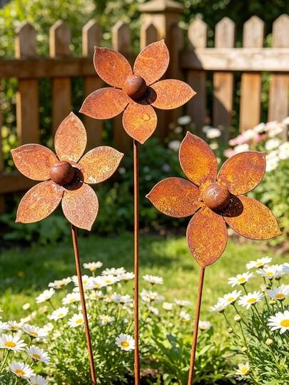 生鏽金屬花卉花園插飾，耐候鋼製花卉庭院裝飾，戶外草坪露台裝飾品，手工生鏽金屬花卉庭院藝術裝飾，復古戶外草坪裝飾，鄉村風金屬花卉裝飾，適用於花園、小徑、後院裝飾