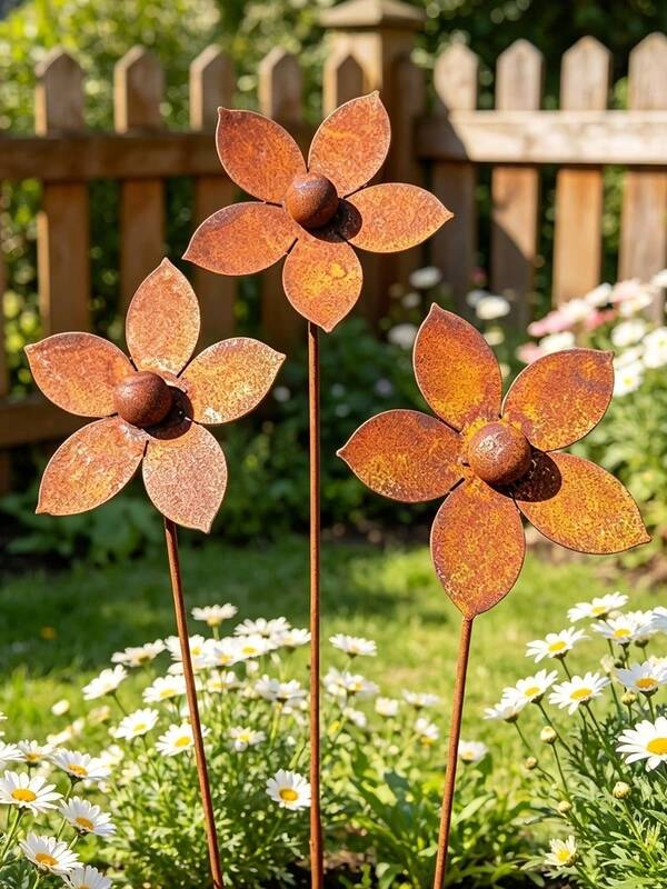 生鏽金屬花卉花園插飾，耐候鋼製花卉庭院裝飾，戶外草坪露台裝飾品，手工生鏽金屬花卉庭院藝術裝飾，復古戶外草坪裝飾，鄉村風金屬花卉裝飾，適用於花園、小徑、後院裝飾