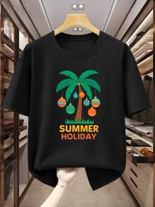 Camiseta de manga corta de algodón para hombre de talla grande, estilo de vacaciones de verano con diseño de cocotero y adornos coloridos, camiseta cómoda y casual para el verano. - Negro - Ver 1