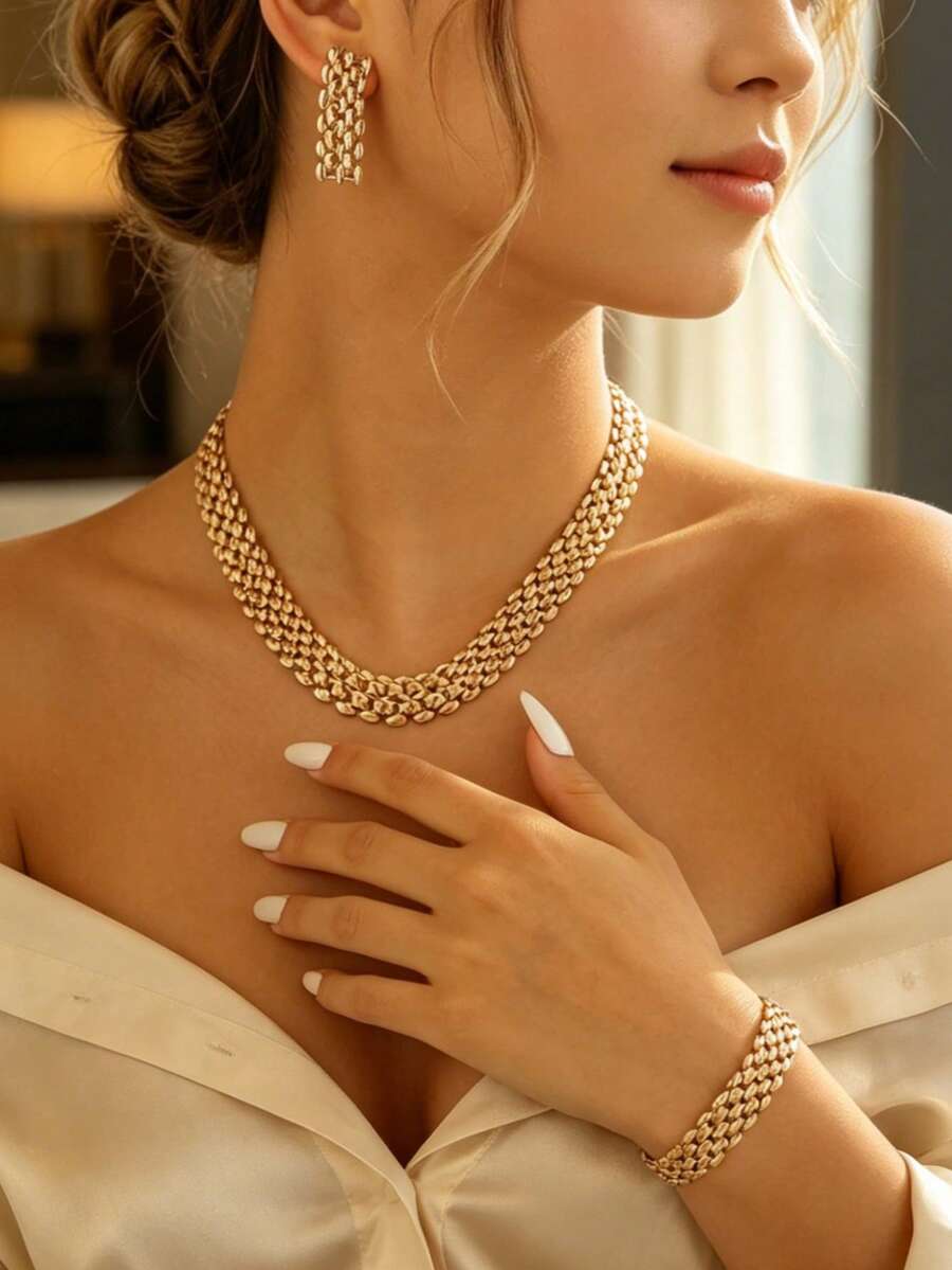 1 Set Elegant Minimalist Hollow Wide Necklace Bracelet Earrings Geometric Mesh Collarbone Chain High-End Versatile Women's Jewelry Set, Suitable For Daily Wear And Parties, Jewelry Accessories