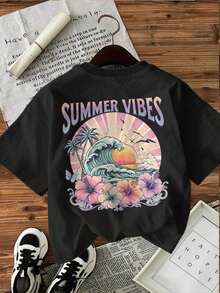 Camiseta de verano estampada de manga corta para mujer, top para mujer, tejido de algodón puro, corte regular.blusas para mujer playeras de mujer blusas casuales para dama conjuntos de mujer - Negro - Ver 3