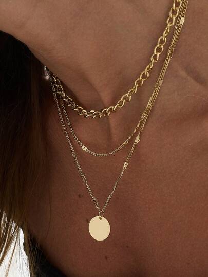 1pc Fashion Textured Multi-Layer Stacked Round Pendant Necklace For Women, Minimalist Commuter Versatile Neck Accessory Suitable For Daily, Holiday, Vacation, Party And Gathering Wear, Gift Accessory