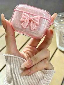 Pink Beaded Bow Pink Glitter Earphone Case With Pink Round Ring Hook - Watermelon Pink - View 2