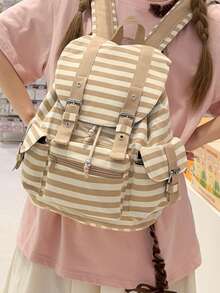 1pc Minimalist Large Capacity Multi-Pocket Striped Backpack - Khaki - View 2