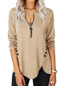 Fisoew - Blusa casual de manga larga para mujer, cuello redondo, botones laterales - X-negro - Ver 20