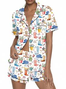 - Conjunto de pijama de verano con botones, 2 piezas, de manga corta, para dormir, S-XXL - Negro con elefante - Ver 12