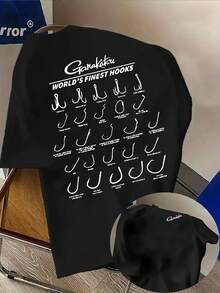 Camiseta casual para hombre con estampado de anzuelos Gamakatsu, estampado de doble cara a, ligera y elástica, corte regular, adecuada para ropa casual de verano,  de moda - Negro - Ver 1