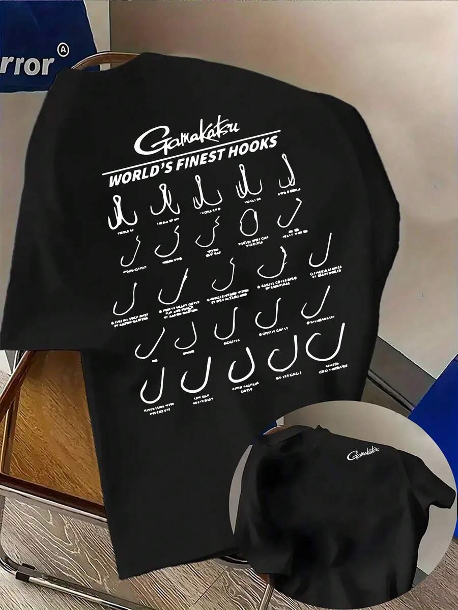 Camiseta casual para hombre con estampado de anzuelos Gamakatsu, estampado de doble cara a, ligera y elástica, corte regular, adecuada para ropa casual de verano, de moda - Negro - Ver 1