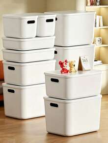 Cream White Plastic Storage Box With Lid And Side Handle, Stackable Multi-Functional Organizer Container, Large Capacity Dust-Proof Sorting Bin, Suitable For Wardrobe, Toys, Cosmetics, Groceries, Snacks, Office Supplies, Bedroom Closet, Bathroom, Kitchen And Home Storage - White - View 4