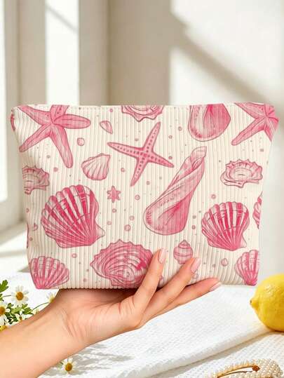 New Starfish & Shell Pattern Large Capacity Lightweight Zippered Makeup Bag, Beach Bag, Fresh Hand-Drawn Sun & Sun Protection Design, Summer Sun Care Storage Gift, Zippered Travel Organizer Bag, Lightweight Fade-Resistant Makeup & Toiletry Bag For Women And Men, Easy-To-Clean Design, Suitable For Mothers, Teachers, Friends, Nurses, School, Vacation, Holiday, Back-To-School Supplies, Travel Essential Makeup Bag