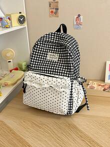 Gingham Spliced Mini Polka Dot Backpack With Lace Ruffle Trim And Side Bow, Lightweight College Student Backpack For Daily Commute & Back-To-School - Multicolor - View 12