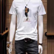 Camiseta de manga corta para hombre de puro algodón, versátil y elegante, de cuello redondo, corte holgado, moderna y versátil. - Blanco - Ver 2