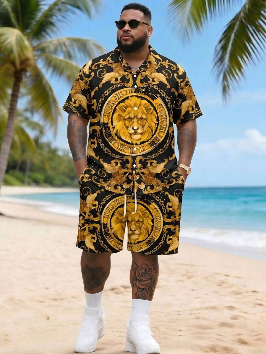 Men's Plus Size Lion Print Short Sleeve Shirt + Shorts Set, Casual Vacation 2-Piece Outfit - Multicolor - View 1