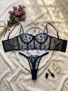 Women's Lingerie Set Embroidered Mesh Semi-Sheer Push-Up Bra And Thong, Girly Style, Party Wear, Valentine's Day Gift, Daily Outfit - Black - View 6