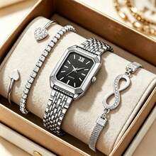 4 pièces/Set Montre classique élégante et minimaliste pour femmes avec bracelet exquis, cadran carré délicat, bracelet réglable, montre à quartz, convient pour un port quotidien, cadeau parfait pour les amies ou la famille - Rose bonbon - Voir 5