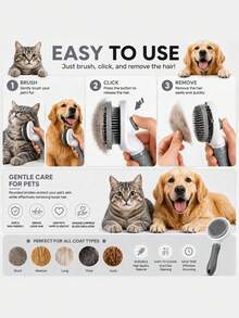 Pet Self-Cleaning Slicker Brush, One-Click Hair Removal Comb, Stainless Steel Ball-Tip Grooming Brush, Non-Slip Handle, Dog And Cat Deshedding Tool - Multicolor - View 4