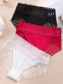 Aofeiqike 3 Peças/Pacote Calcinhas de Cintura Média Multicoloridas Semitransparentes com Renda Vazada, Roupa Íntima Casual Feminina Amigável à Pele - Multicolorido - Visão 2