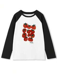 Women's Loose Fit Fashionable Versatile Letter & Tomato Print Raglan Contrast Color Long Sleeve T-Shirt Casual - Black and White - View 6