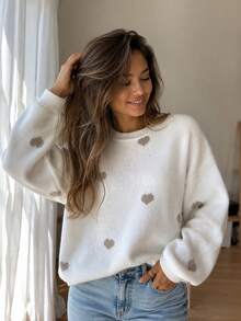 Femmes Tricot Lâche Motif cœur Décontracté, Col Rond Manches Longues, Tricot De Base, Tenue décontracté Chic, Top D'automne, Pull D'automne, Vêtements D'hiver Pour Femmes, Vêtements D'automne/Hiver Pour Femmes, Vêtements D'automne Blanc - Blanc - Voir 3