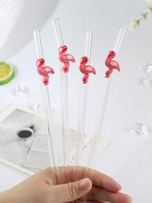 1/2/5/12PCS Romantic Pink Flamingo Glass Straw For Milk Tea, Juice And Smoothies. Perfect Decorative Accessory For Birthdays, Wedding Ceremonies And All Holiday Gift Selections. - View 3