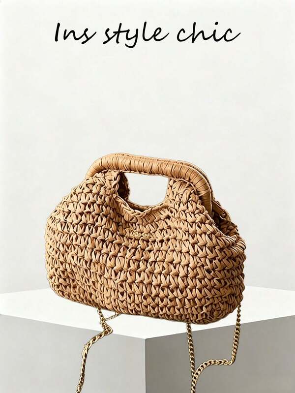 Fashionable Woven Straw Handbag, Elegant For Vacation And Travel, Stylish Top Handle Tote Bag, Khaki Color, Lightweight Zipper Pocket, Straw Bag ,Beach Bag
