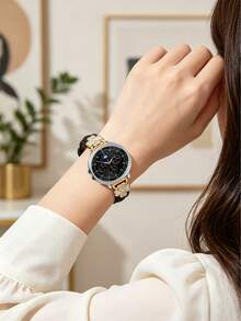 1件黑色與金色兼容三星 Galaxy Watch 8 40mm 44mm 女士/男士超纖維錶帶 - 鑲嵌人造鋯石，時尚金屬扣替換錶帶，超薄舒適且防汗 - 適合 4.3 至 6.5 英寸手腕周長 - 優雅時尚錶帶，適用於商務/約會/婚禮/派對/日常穿著 - 送給她的可愛禮物，智能替換錶帶配件 - 黑色+金 - 查看 6