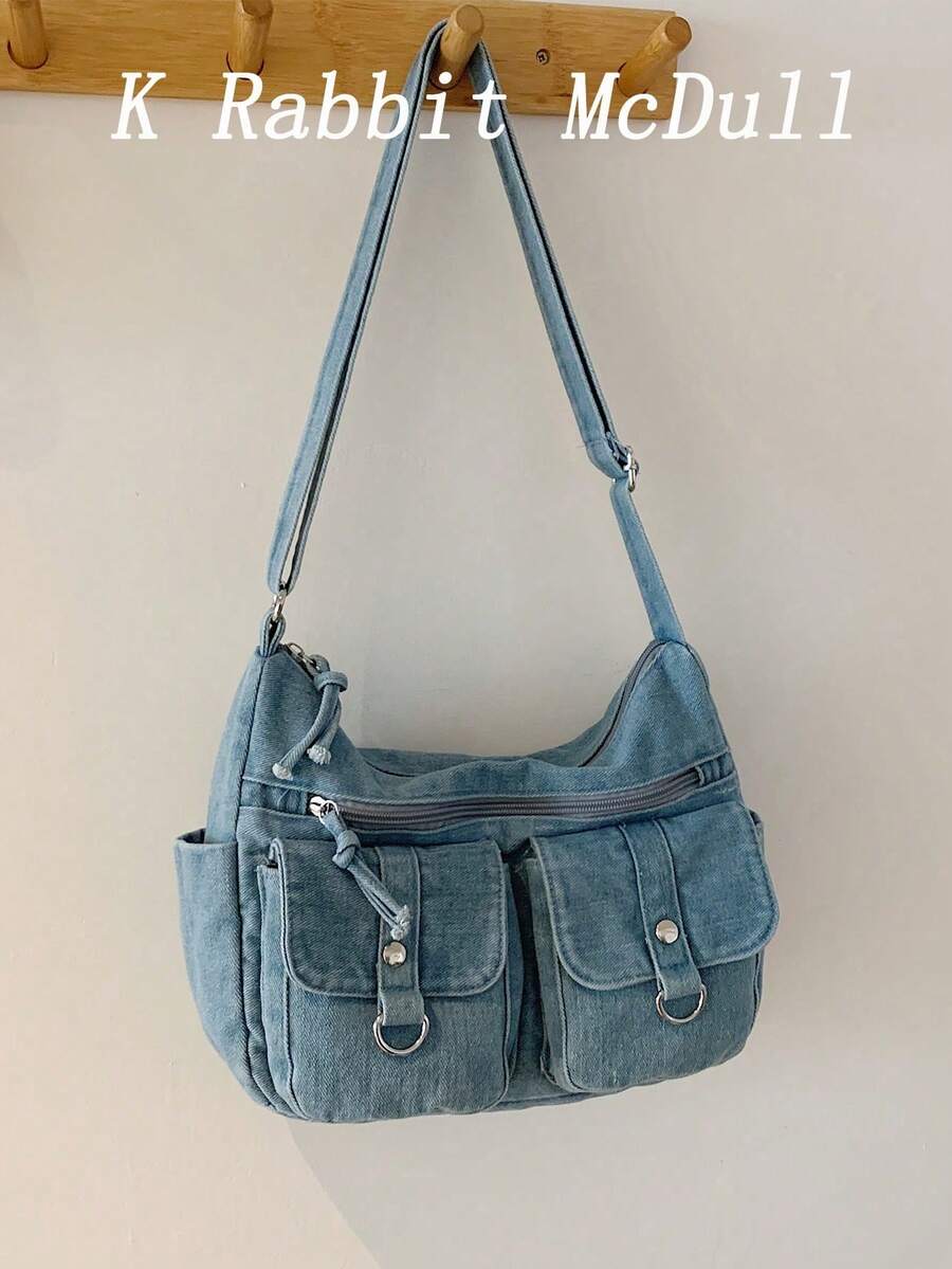 New Chic Casual Shoulder Bag Made Of Soft, Multi-Layered Denim With Multiple Pockets, Versatile, Suitable For Work, Shopping And Travel. - Pink - View 1