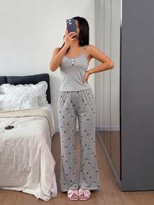 Dreamivo 2pcs Set Fake Button Camisole & Bow Print Flare Pants Pajama Set For Women. Women's Casual Set, Summer Pajamas, Cute Pajama Set. - Light Grey - View 4