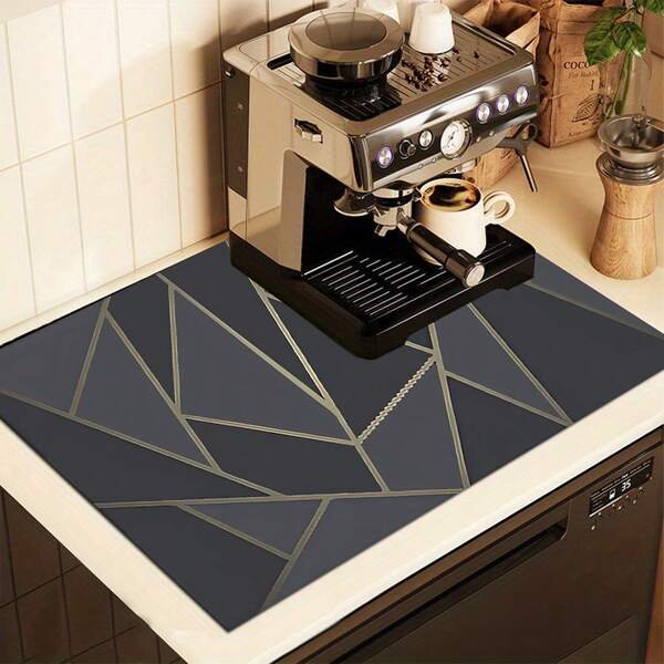 1pc 2D Geometric Abstract Gray Kitchen Countertop Mat, Diatomaceous Earth Material, Strong Water Absorption, Suitable For Tableware, Coffee Machine, Microwave Oven, Etc. Fashionable Watercolor Design, Ideal Choice For Modern Kitchen.