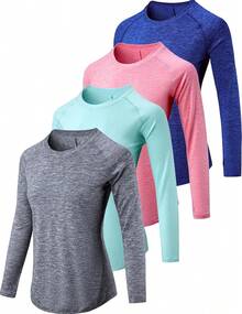 Paquete de 4 camisetas de manga larga para mujer con agujeros para el pulgar, camisetas de entrenamiento atléticas de ajuste seco con cuello redondo - a/Verde Menta/Melocotón Suave/Amarillo Mantequilla - Ver 1