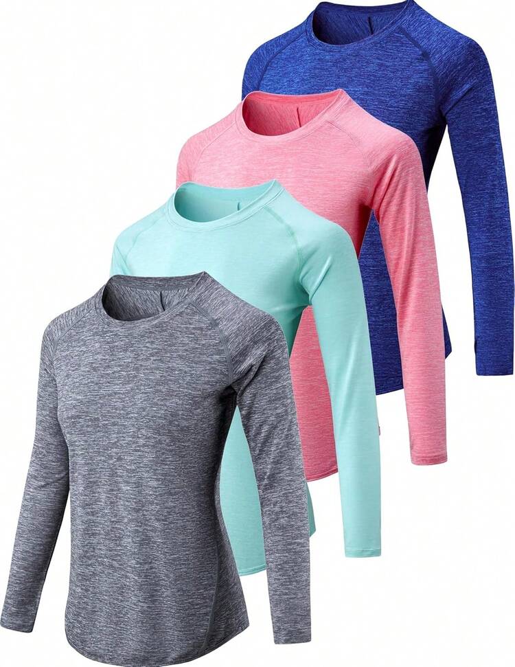 Paquete de 4 camisetas de manga larga para mujer con agujeros para el pulgar, camisetas de entrenamiento atléticas de ajuste seco con cuello redondo - a/Verde Menta/Melocotón Suave/Amarillo Mantequilla - Añade 1