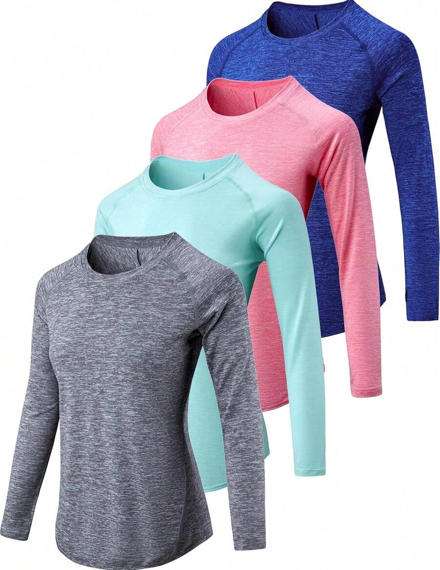 Paquete de 4 camisetas de manga larga para mujer con agujeros para el pulgar, camisetas de entrenamiento atléticas de ajuste seco con cuello redondo - a/Verde Menta/Melocotón Suave/Amarillo Mantequilla - Ver 1