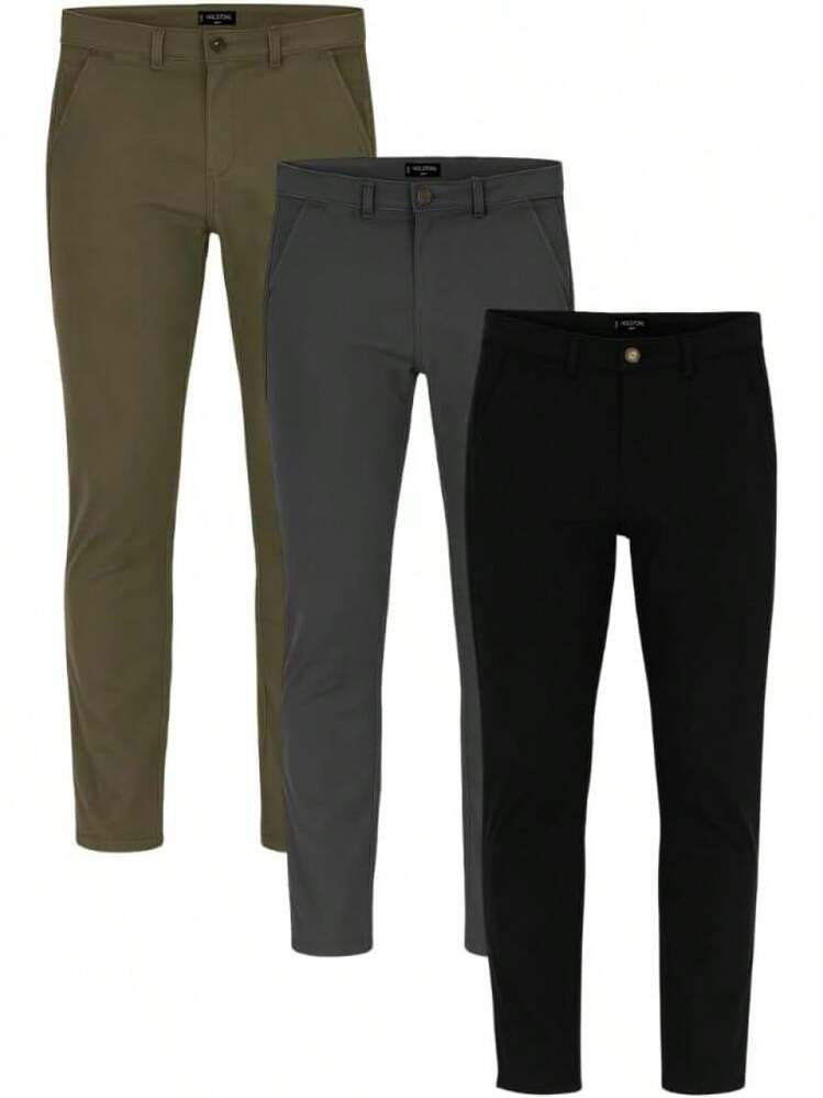 Holstone Pack 3 Pantalones Estilo Chino de Gabardina Premium Hombre - Uso Casual y Oficina Moda Caballero - Pantalón de Algodón. - Negro - Azul Marino - Verde Olivo - Añade 27