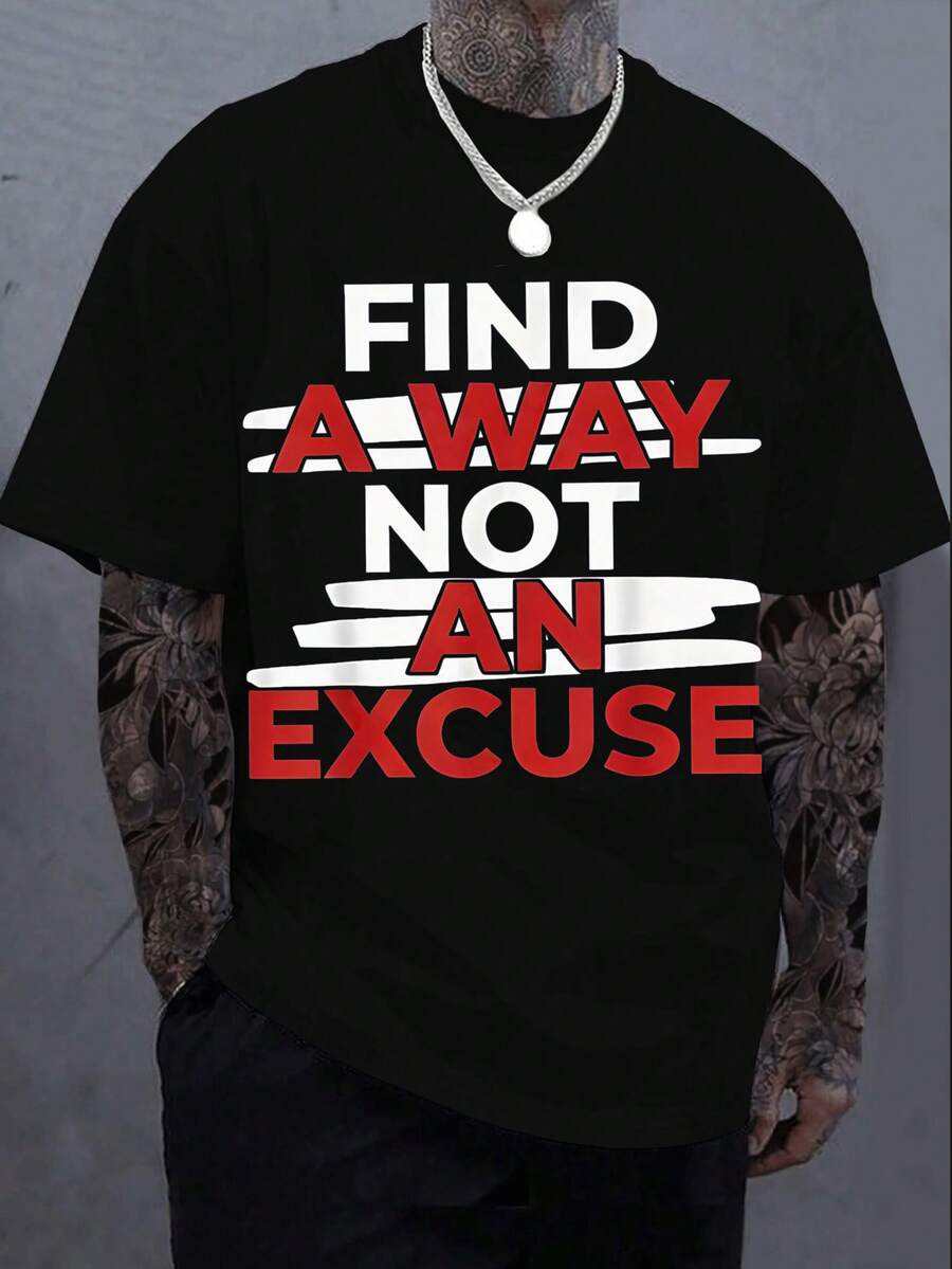 Camiseta casual para hombre Encuentra una manera, no una excusa con estampado mejorado, gris oscuro con fuente roja y blanca, cuello redondo, manga corta, ajuste regular, lavable aáquina - Negro - Ver 1